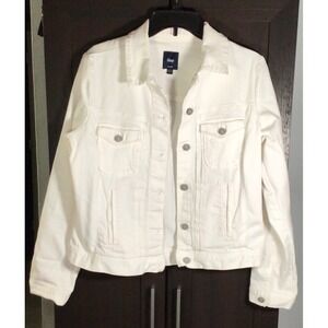 Gap Womens White Denim Jacket Size L Classic Trucker Jean Jacket Cotton Stretch